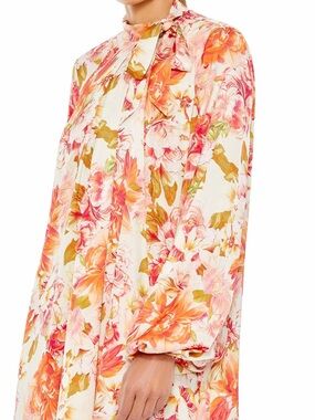 Tie-Neck Floral Mini Dress in Cream and Coral
